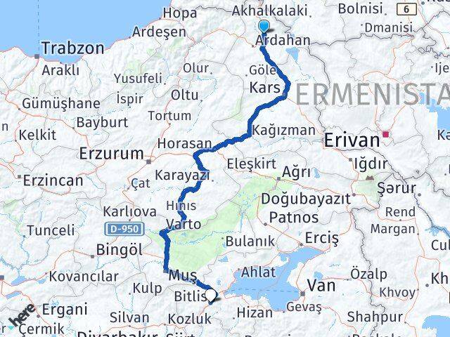 Ardahan Hanak Bitlis Arası Kaç Km - Yol Haritası
