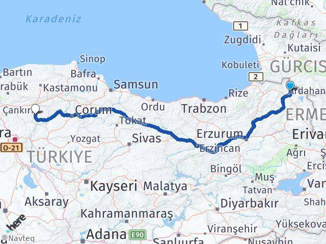 Ardahan Hanak Çankırı Arası Kaç Km - Yol Haritası