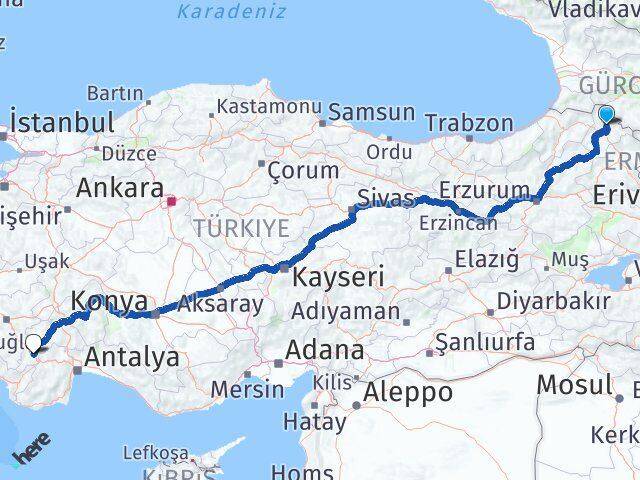 Ardahan Hanak Çavdır Burdur Arası Kaç Km - Yol Haritası
