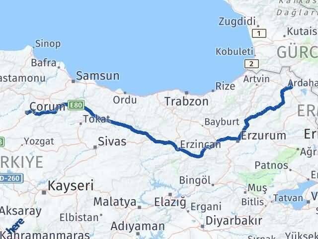 Ardahan Hanak Çorum Arası Kaç Km - Yol Haritası
