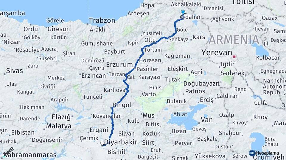 Ardahan Hanak Diyarbakır Arası Kaç Km - Yol Haritası