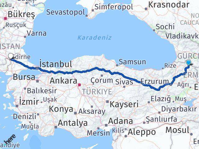 Ardahan Hanak Edirne Arası Kaç Km - Yol Haritası