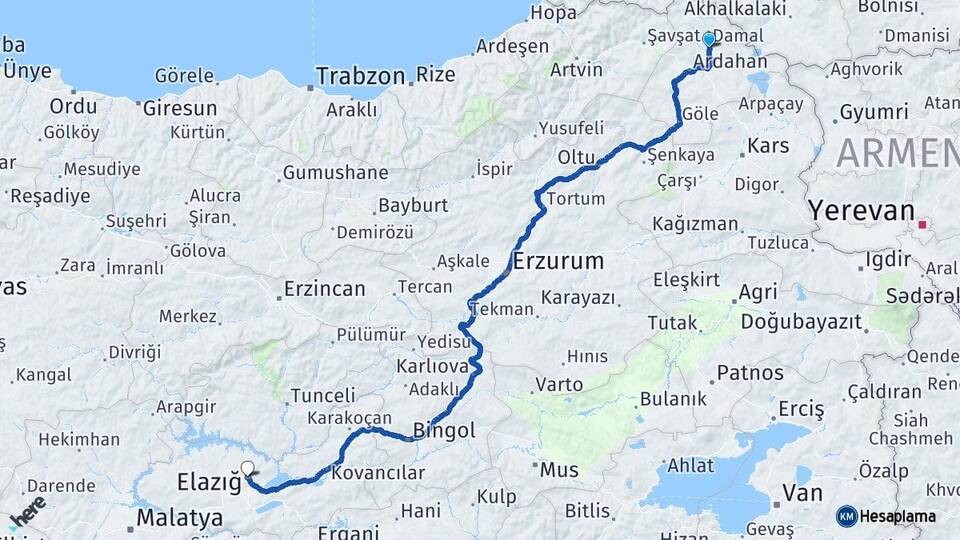 Ardahan Hanak Elazığ Arası Kaç Km - Yol Haritası