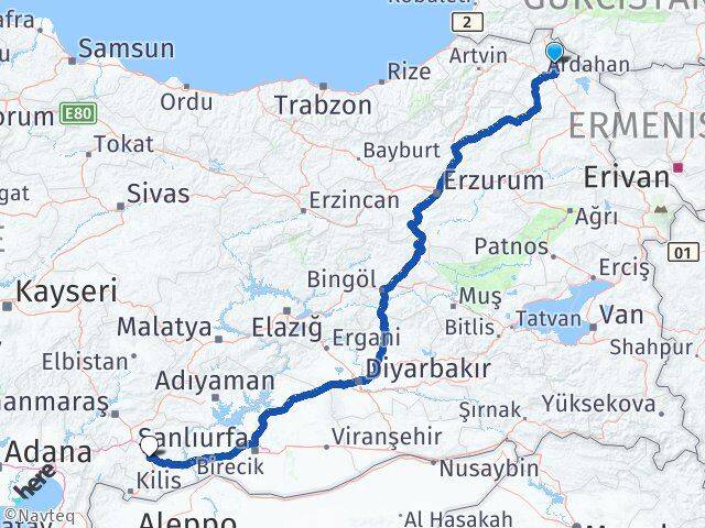 Ardahan Hanak Gaziantep Arası Kaç Km - Yol Haritası