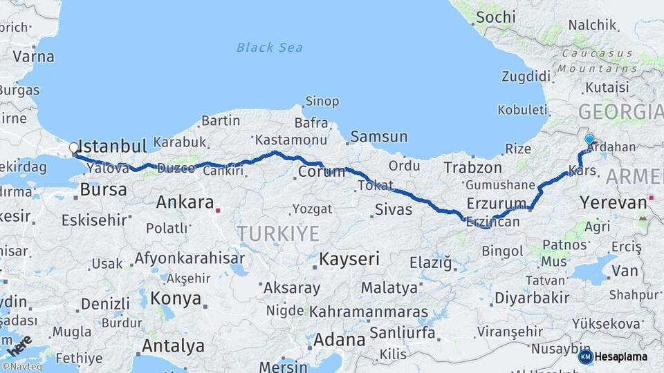 Ardahan Hanak İstanbul Arası Kaç Km - Yol Haritası