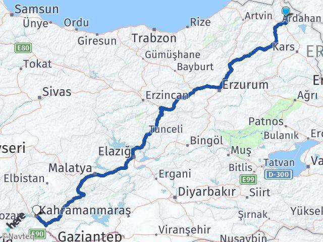 Ardahan Hanak Kahramanmaraş Arası Kaç Km - Yol Haritası