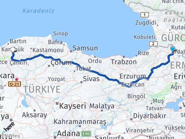 Ardahan Hanak Karabük Arası Kaç Km - Yol Haritası