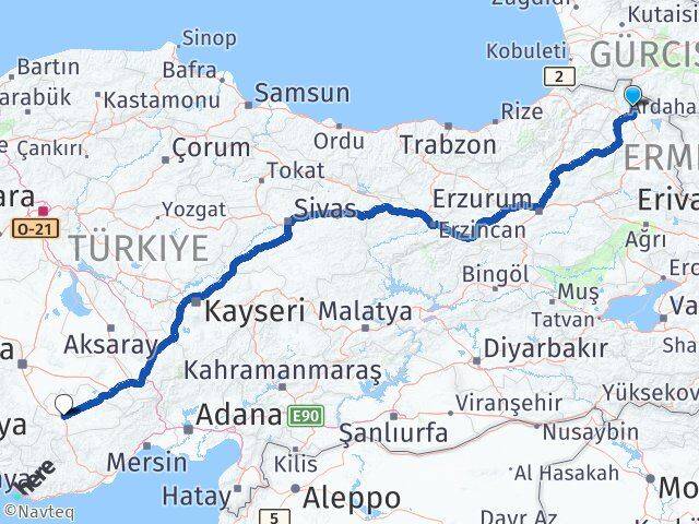 Ardahan Hanak Karaman Arası Kaç Km - Yol Haritası