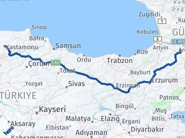 Ardahan Hanak Kastamonu Arası Kaç Km - Yol Haritası