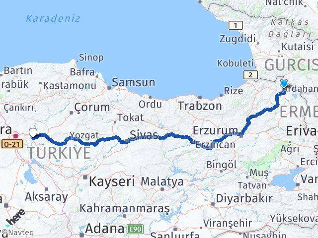 Ardahan Hanak Kırıkkale Arası Kaç Km - Yol Haritası