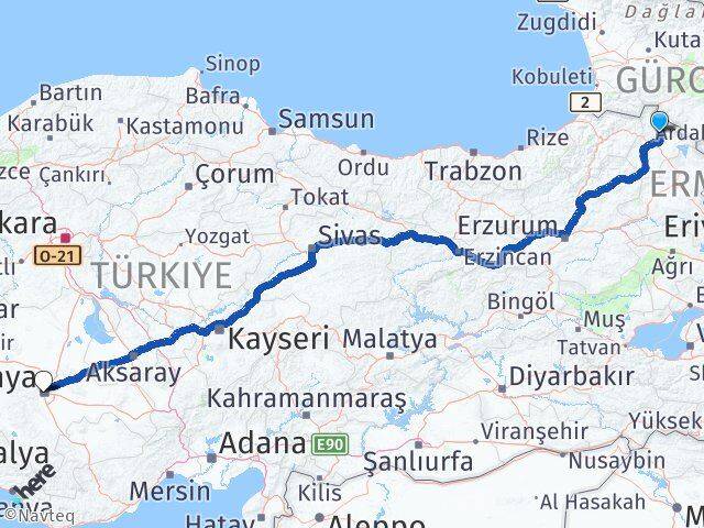 Ardahan Hanak Konya Arası Kaç Km - Yol Haritası