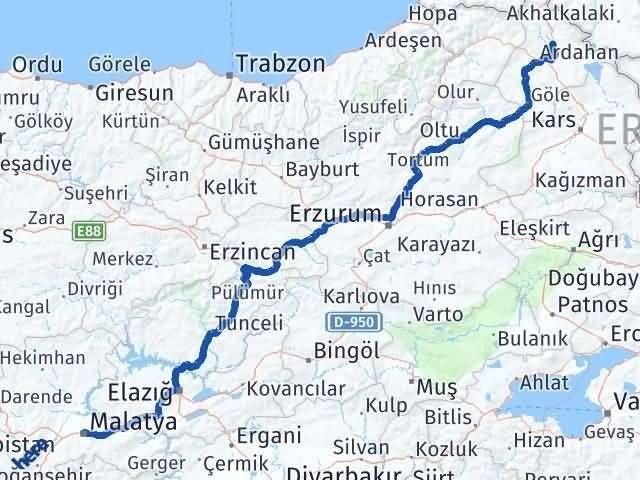 Ardahan Hanak Malatya Arası Kaç Km - Yol Haritası