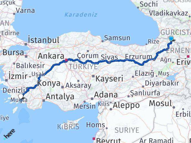 Ardahan Hanak Muğla Arası Kaç Km - Yol Haritası