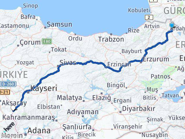 Ardahan Hanak Niğde Arası Kaç Km - Yol Haritası