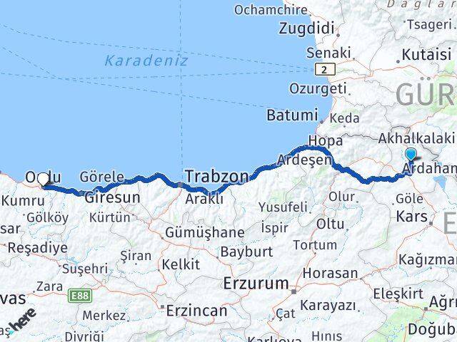 Ardahan Hanak Ordu Arası Kaç Km - Yol Haritası