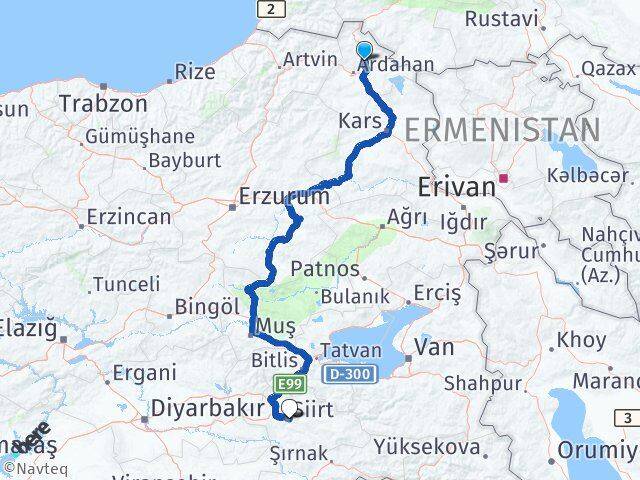 Ardahan Hanak Siirt Arası Kaç Km - Yol Haritası