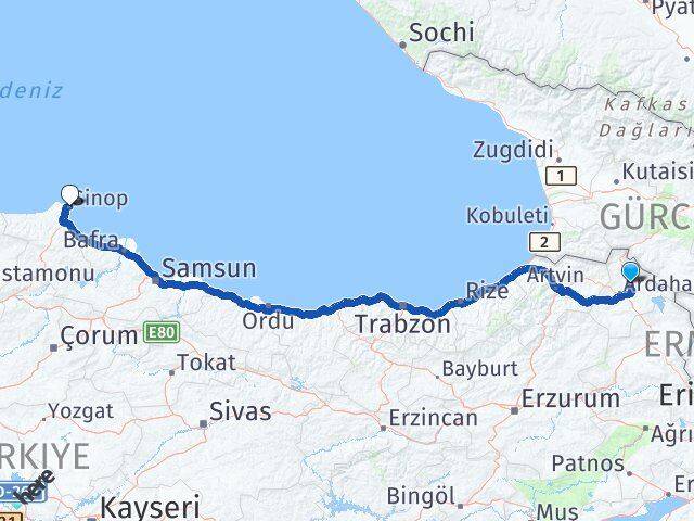 Ardahan Hanak Sinop Arası Kaç Km - Yol Haritası