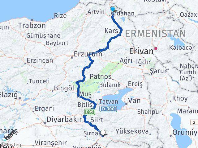 Ardahan Hanak Şırnak Arası Kaç Km - Yol Haritası