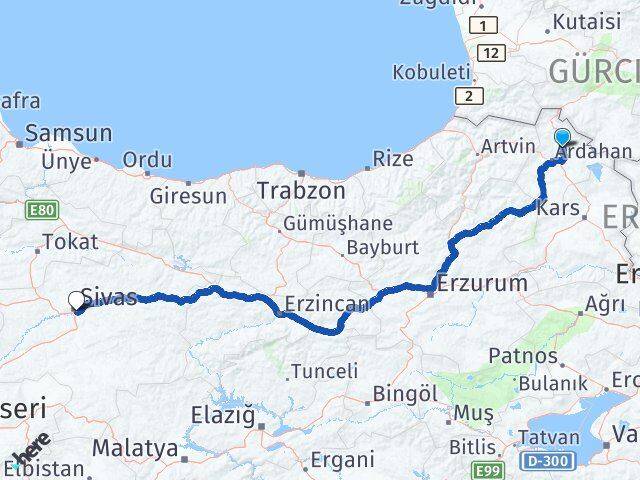 Ardahan Hanak Sivas Arası Kaç Km - Yol Haritası
