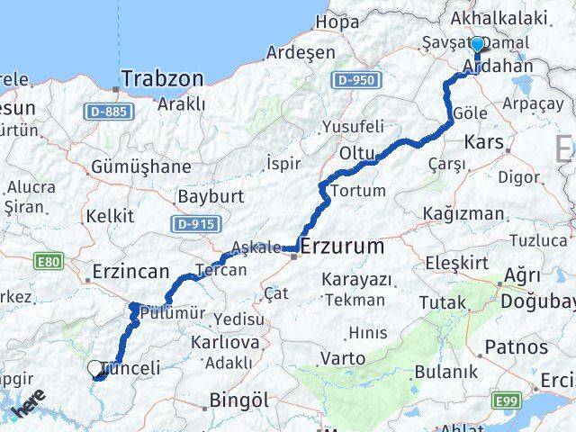 Ardahan Hanak Tunceli Arası Kaç Km - Yol Haritası