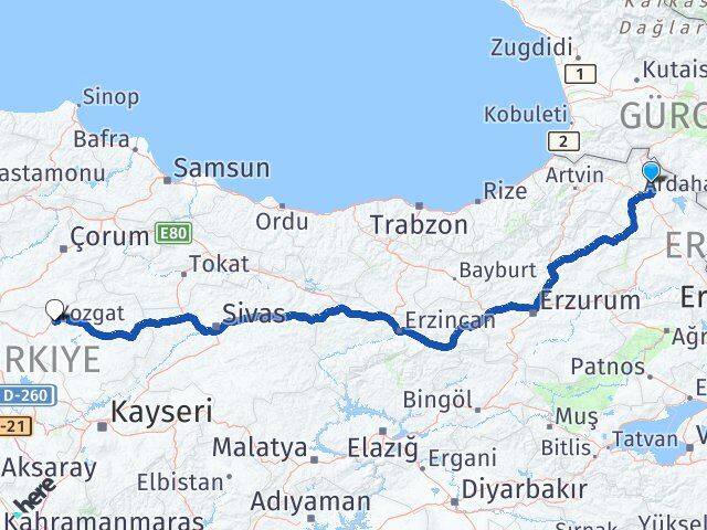 Ardahan Hanak Yozgat Arası Kaç Km - Yol Haritası