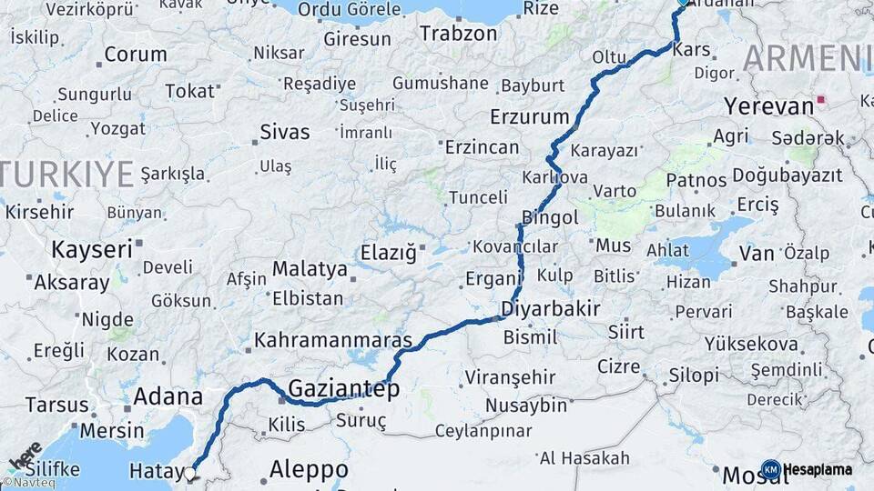 Ardahan Hatay Arası Kaç Km - Yol Haritası
