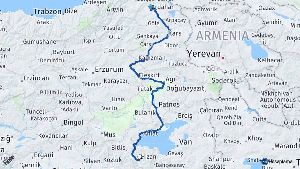 Ardahan Hizan Bitlis Arası Kaç Km - Yol Haritası