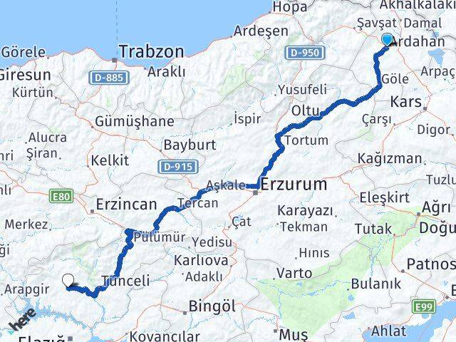Ardahan Hozat Tunceli Arası Kaç Km - Yol Haritası