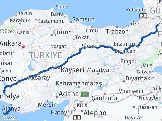 Ardahan İbradı Antalya Arası Kaç Km - Yol Haritası
