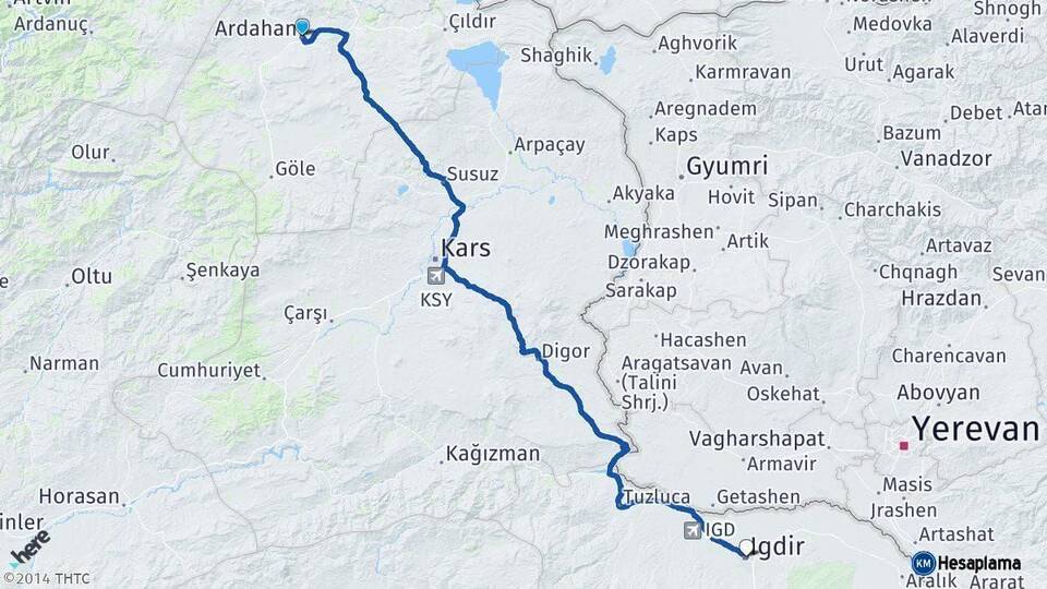 Ardahan Iğdır Arası Kaç Km - Yol Haritası