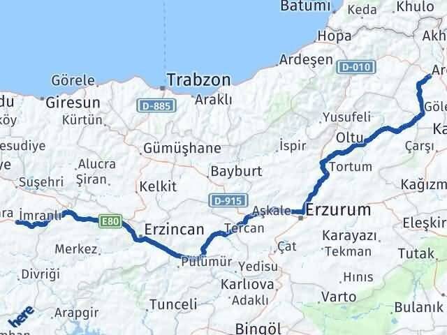Ardahan İmranlı Sivas Arası Kaç Km - Yol Haritası