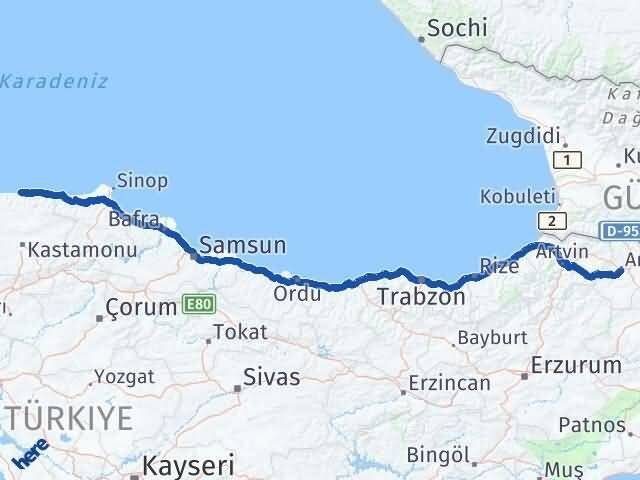 Ardahan İnebolu Kastamonu Arası Kaç Km - Yol Haritası