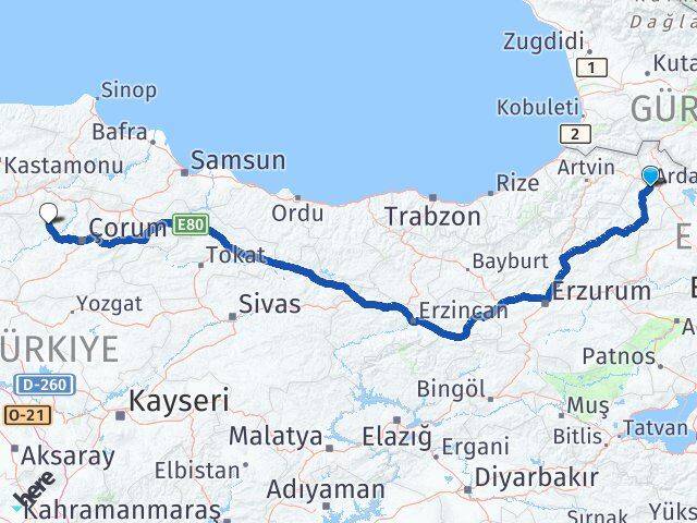 Ardahan İskilip Çorum Arası Kaç Km - Yol Haritası