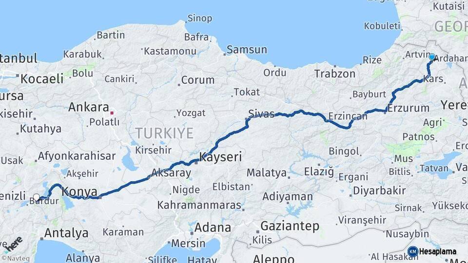 Ardahan Isparta Arası Kaç Km - Yol Haritası
