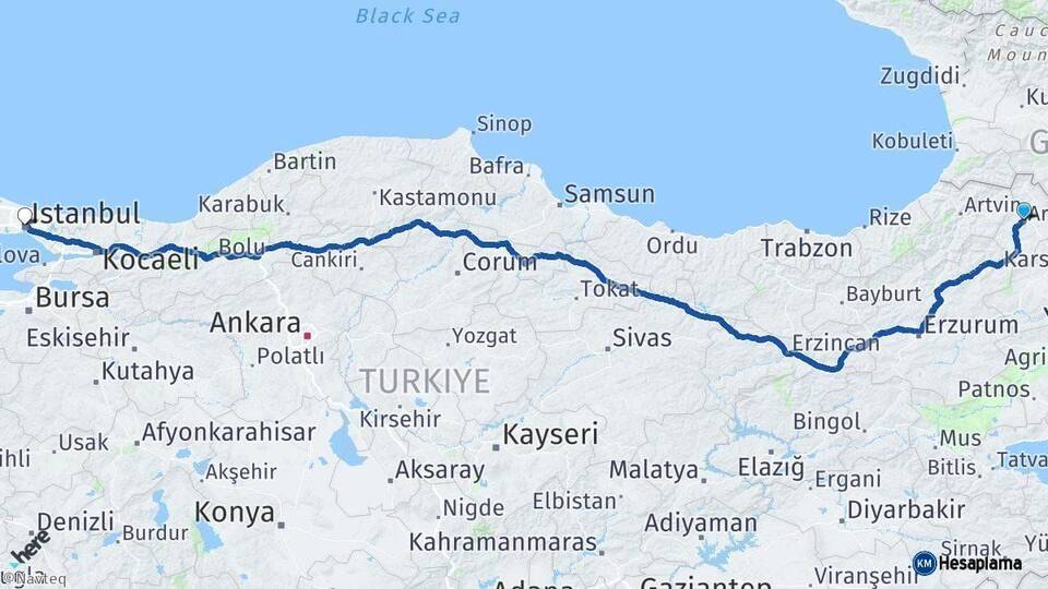 Ardahan İstanbul Arası Kaç Km - Yol Haritası