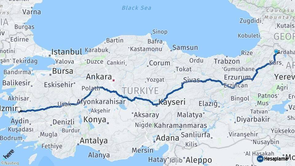 Ardahan İzmir Arası Kaç Km - Yol Haritası