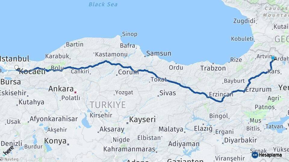Ardahan İzmit Kocaeli Arası Kaç Km - Yol Haritası