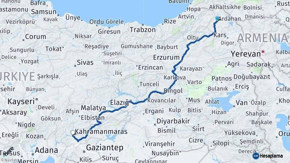 Ardahan Kahramanmaraş Arası Kaç Km - Yol Haritası
