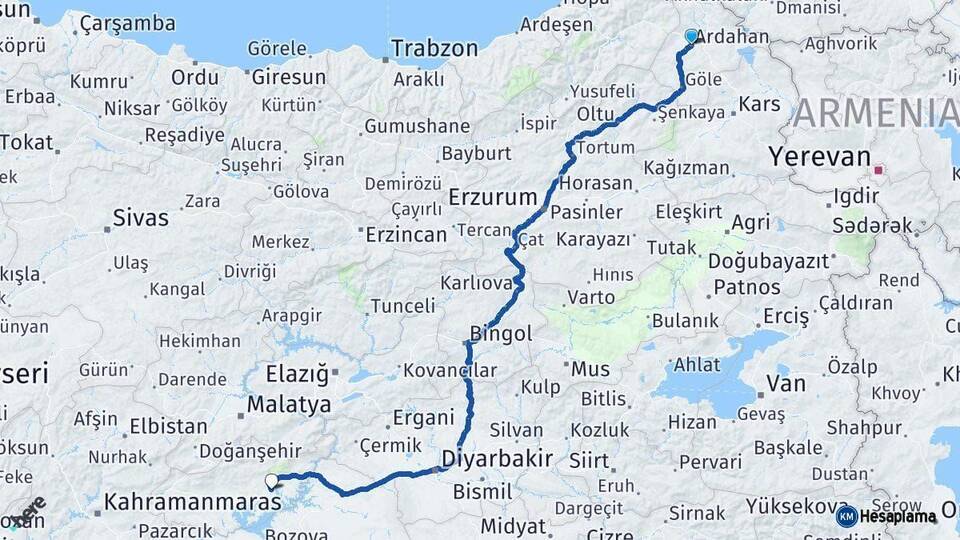 Ardahan Kahta Adıyaman Arası Kaç Km - Yol Haritası