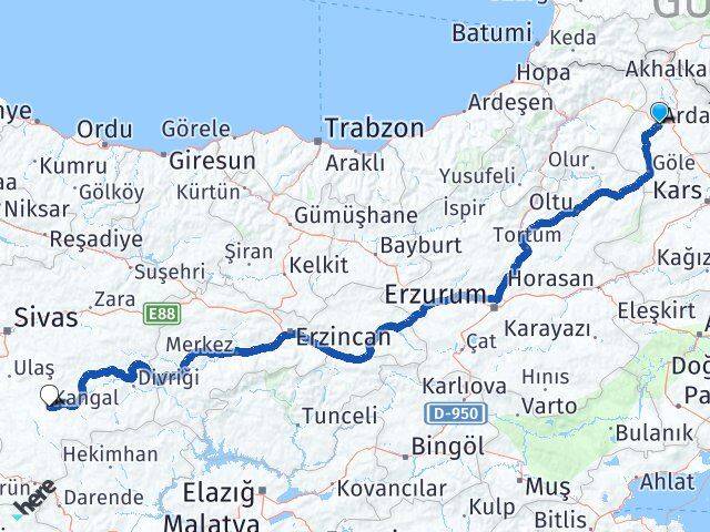 Ardahan Kangal Sivas Arası Kaç Km - Yol Haritası