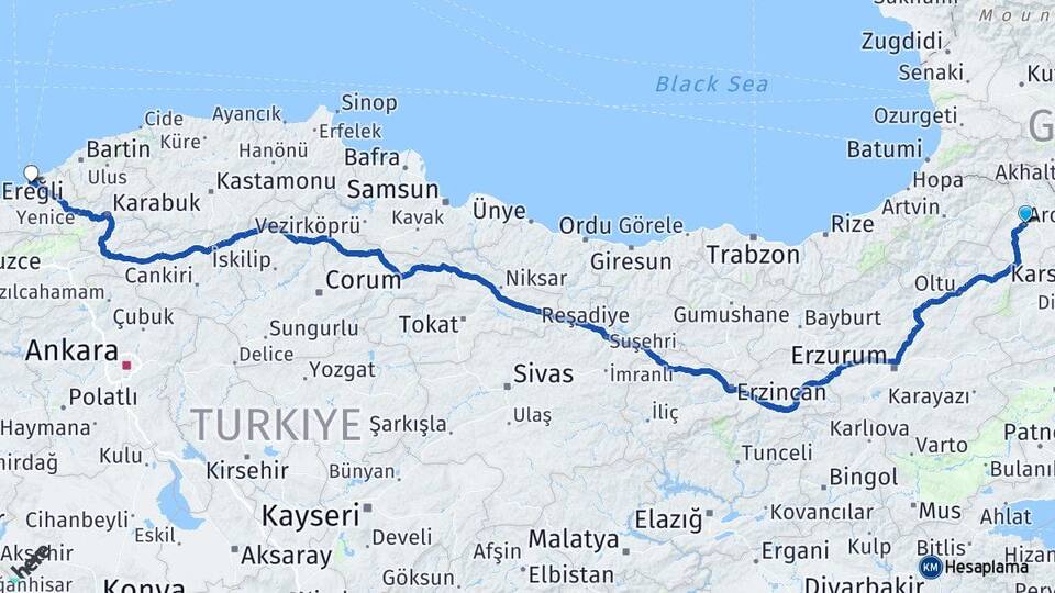 Ardahan Karagöl Arası Kaç Km - Yol Haritası