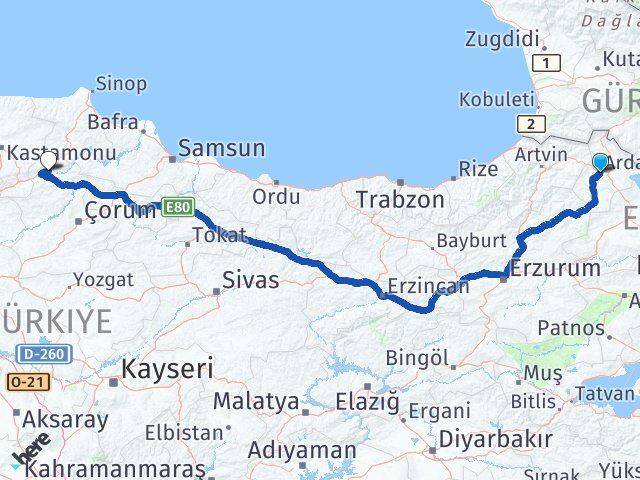 Ardahan Kargı Çorum Arası Kaç Km - Yol Haritası