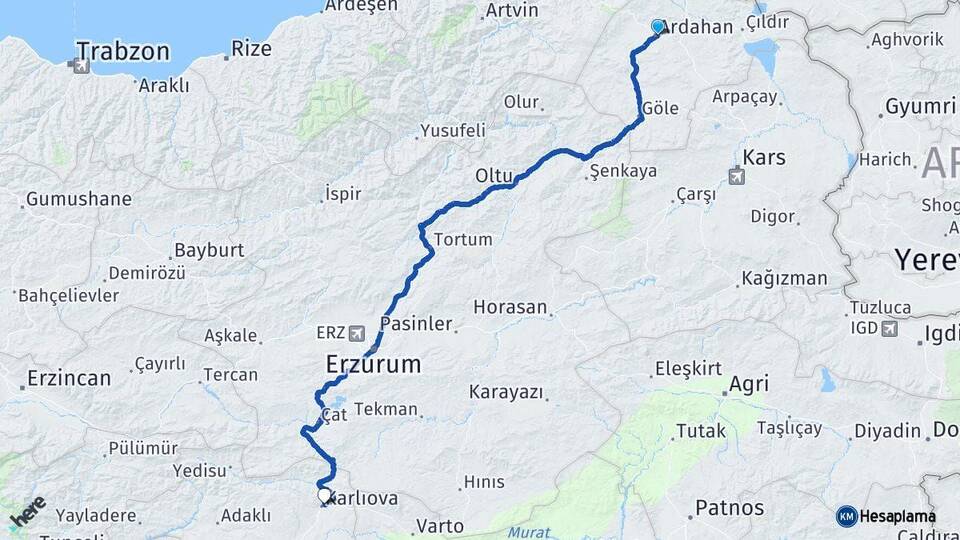 Ardahan Karlıova Bingöl Arası Kaç Km - Yol Haritası