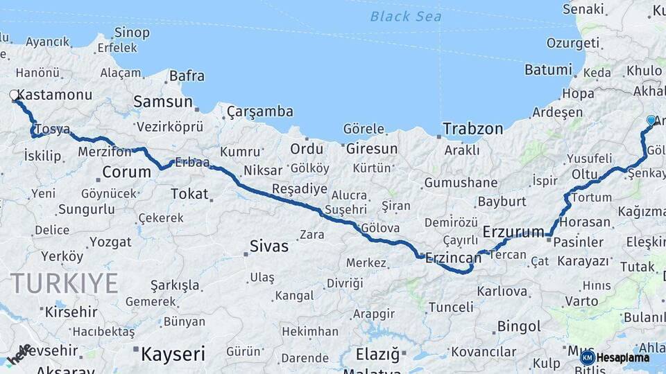 Ardahan Kastamonu Arası Kaç Km - Yol Haritası