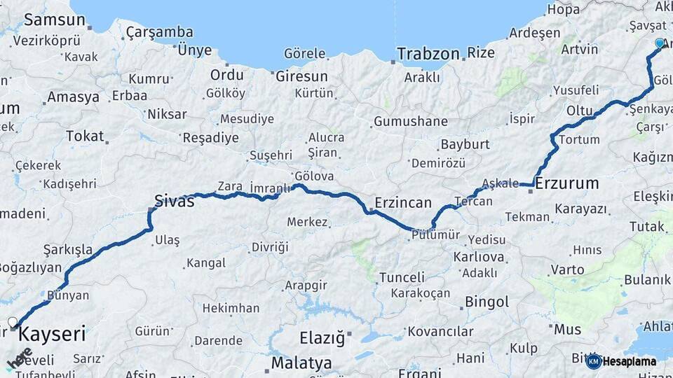 Ardahan Kayseri Arası Kaç Km - Yol Haritası