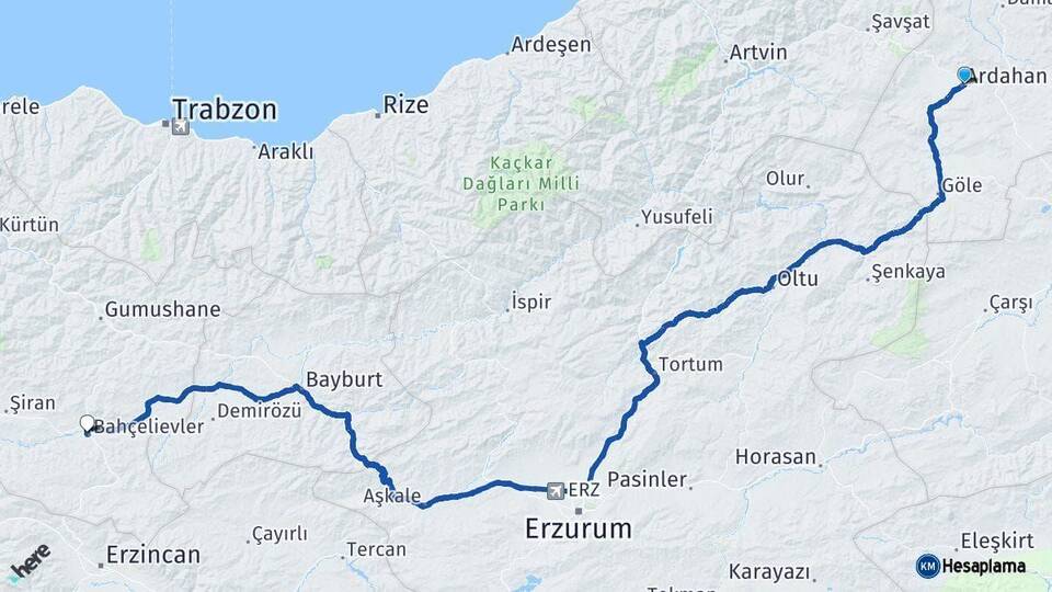 Ardahan Kelkit Gümüşhane Arası Kaç Km - Yol Haritası