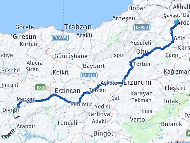 Ardahan Kemaliye Erzincan Arası Kaç Km - Yol Haritası