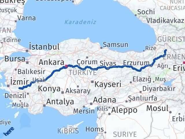Ardahan Kiraz İzmir Arası Kaç Km - Yol Haritası
