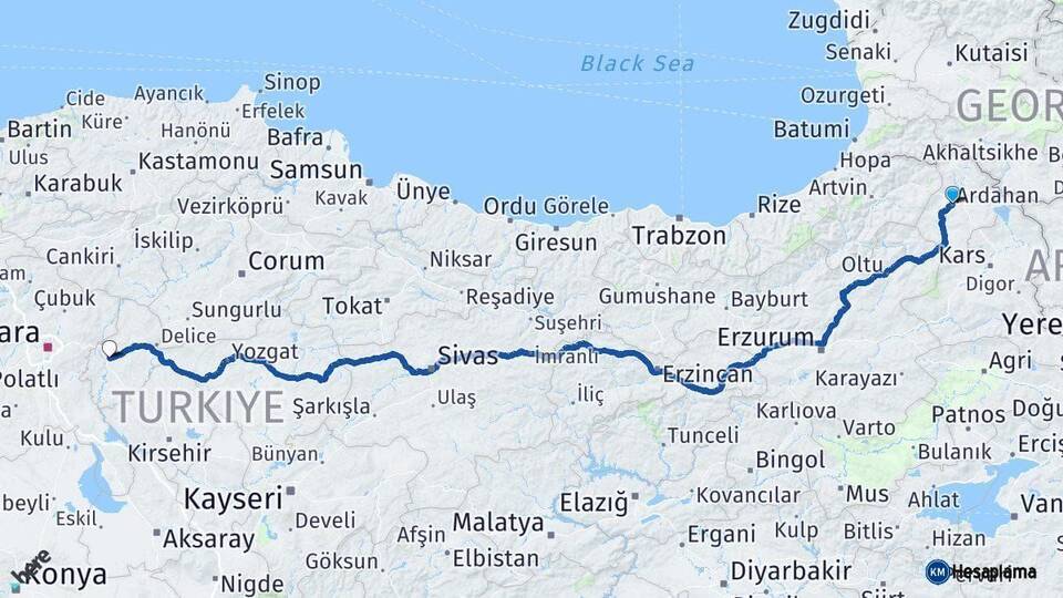 Ardahan Kırıkkale Arası Kaç Km - Yol Haritası
