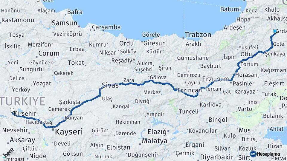 Ardahan Kırşehir Arası Kaç Km - Yol Haritası